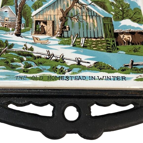 Vintage Currier and Ives Kitchen Cast Iron Tile Trivet "The Old Homestead" Japan - Picture 6 of 14